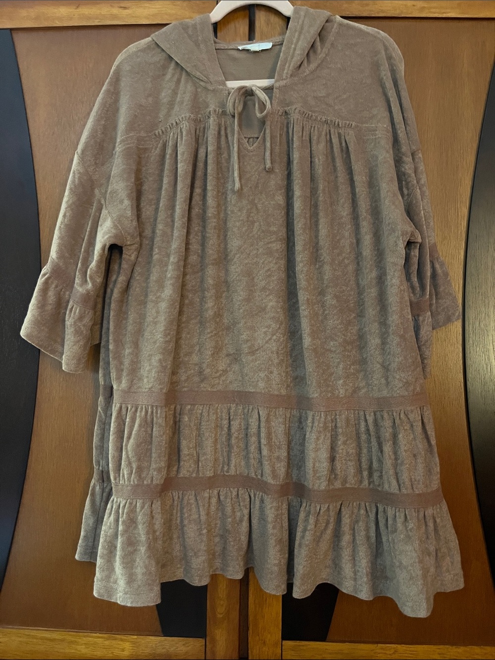 Easel Mocha Brown Hooded Tiered Ruffle Tunic w/Neck Tie-Ruffle Sleeves-Yoke